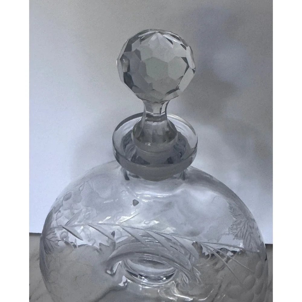 Vintage Etched Glass Donut Decanter Grape Vine Motif Faceted Stopper Clear